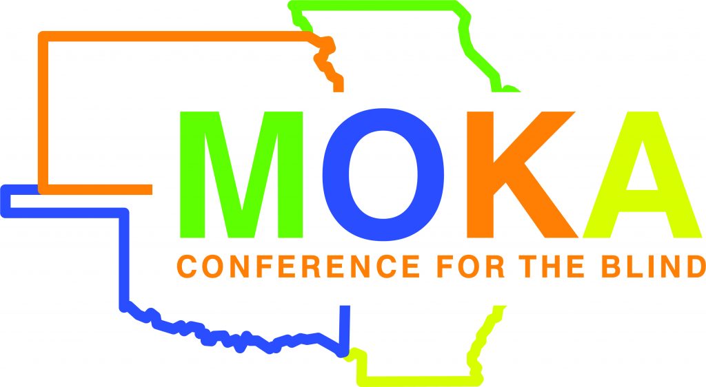 Event Logo with the letters M O K A and words Conference for the blind overlain on the four state area outline in bright colors